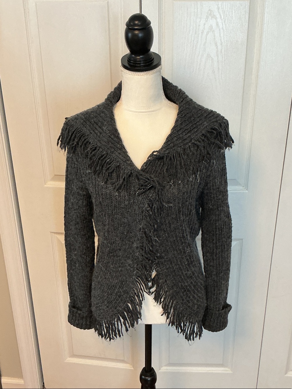 Fringed Open-Front Knit Cardigan Sweater - Charcoal
